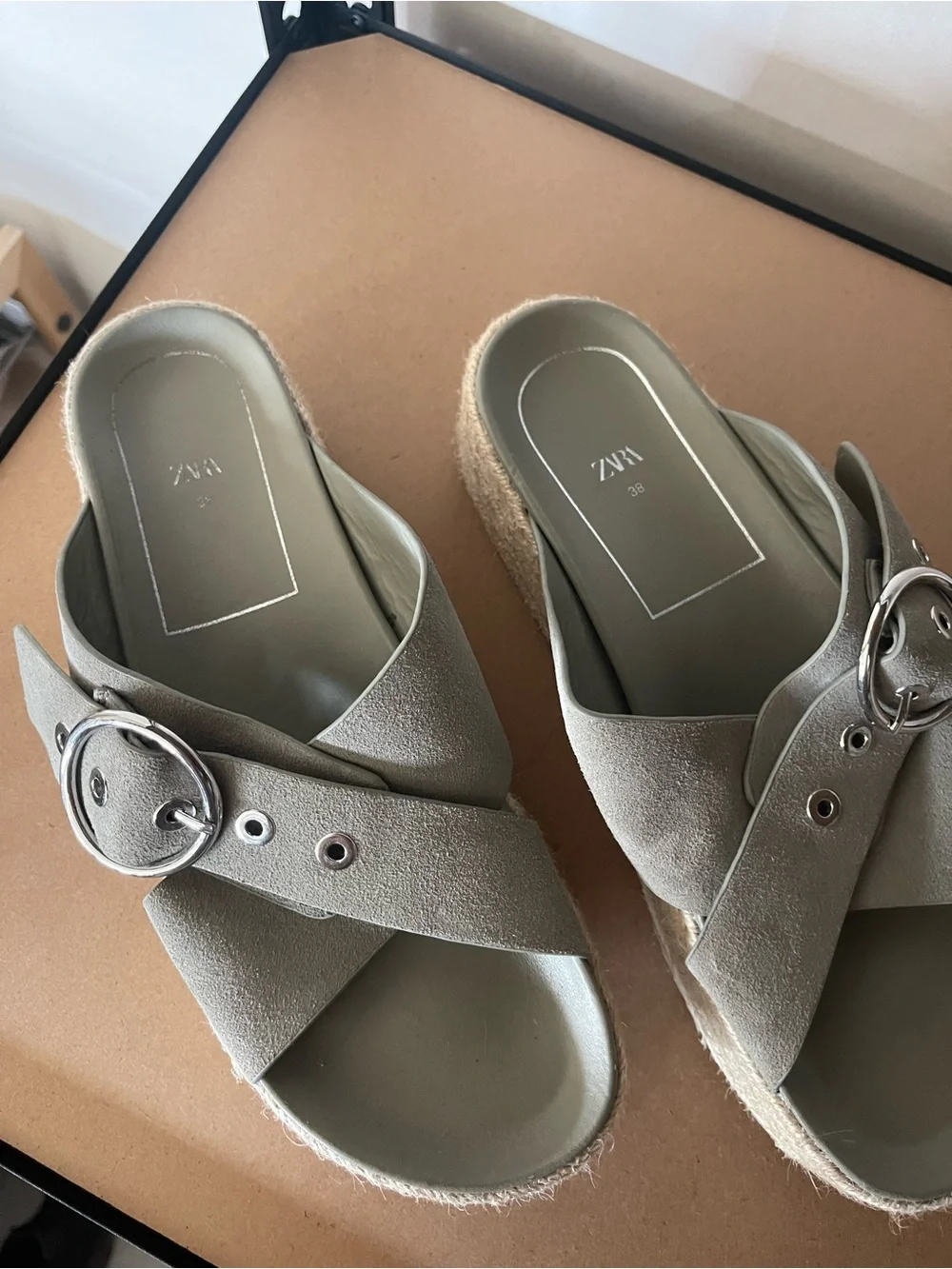 Zara Wedge Espadrille Slide Platform Sandals in Olive Green - Picture 2 of 3